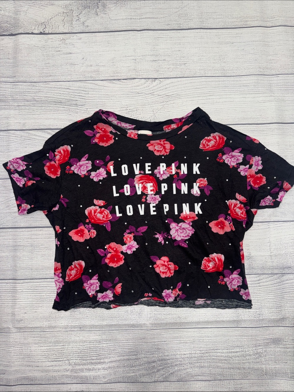 PINK Victoria's Secret Black Crop Tee with Rhinestones/Pink & Red Floral Print